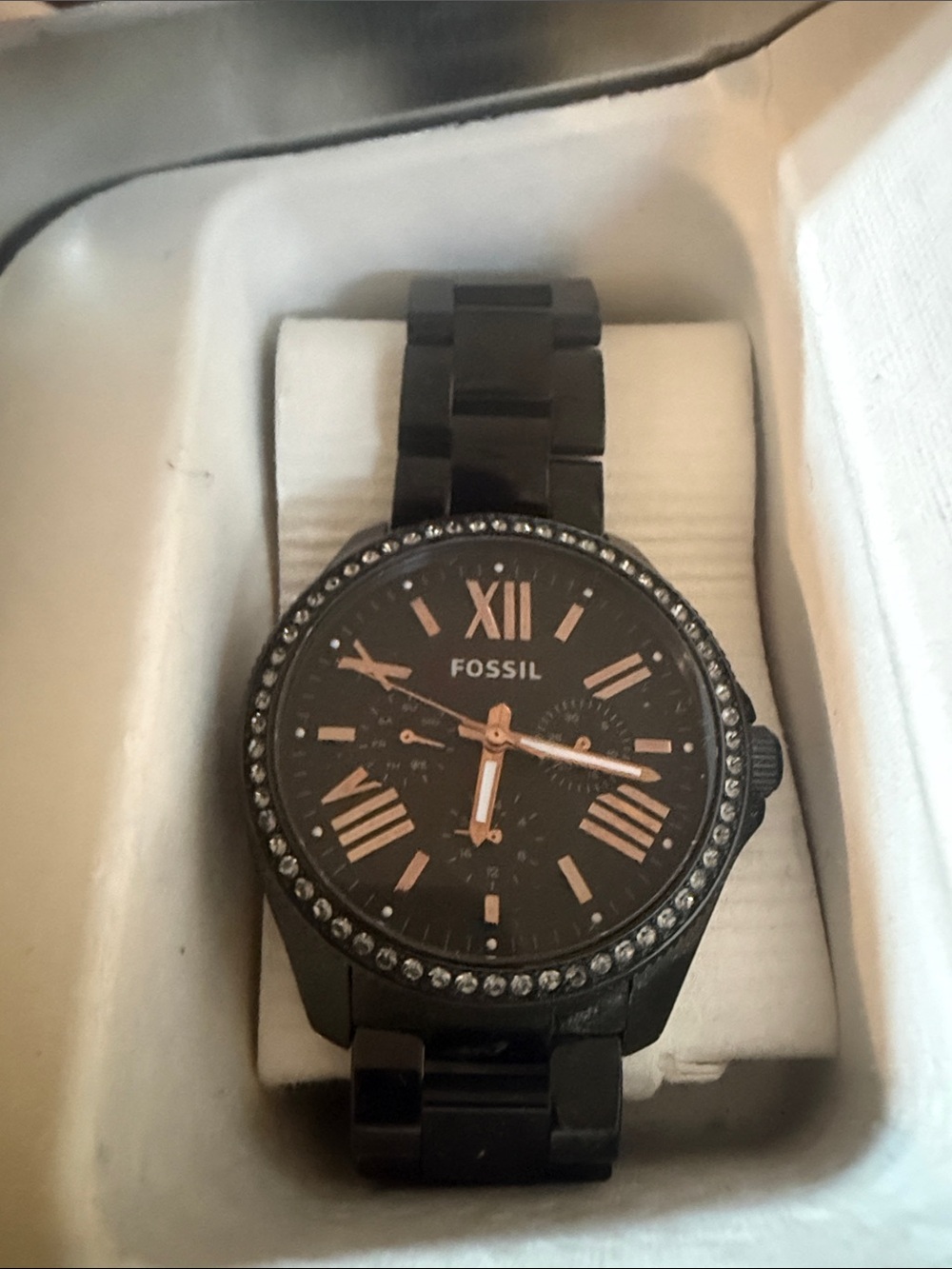 Fossil women’s Black Watch with Rose Gold Accents and Crystal Bezel